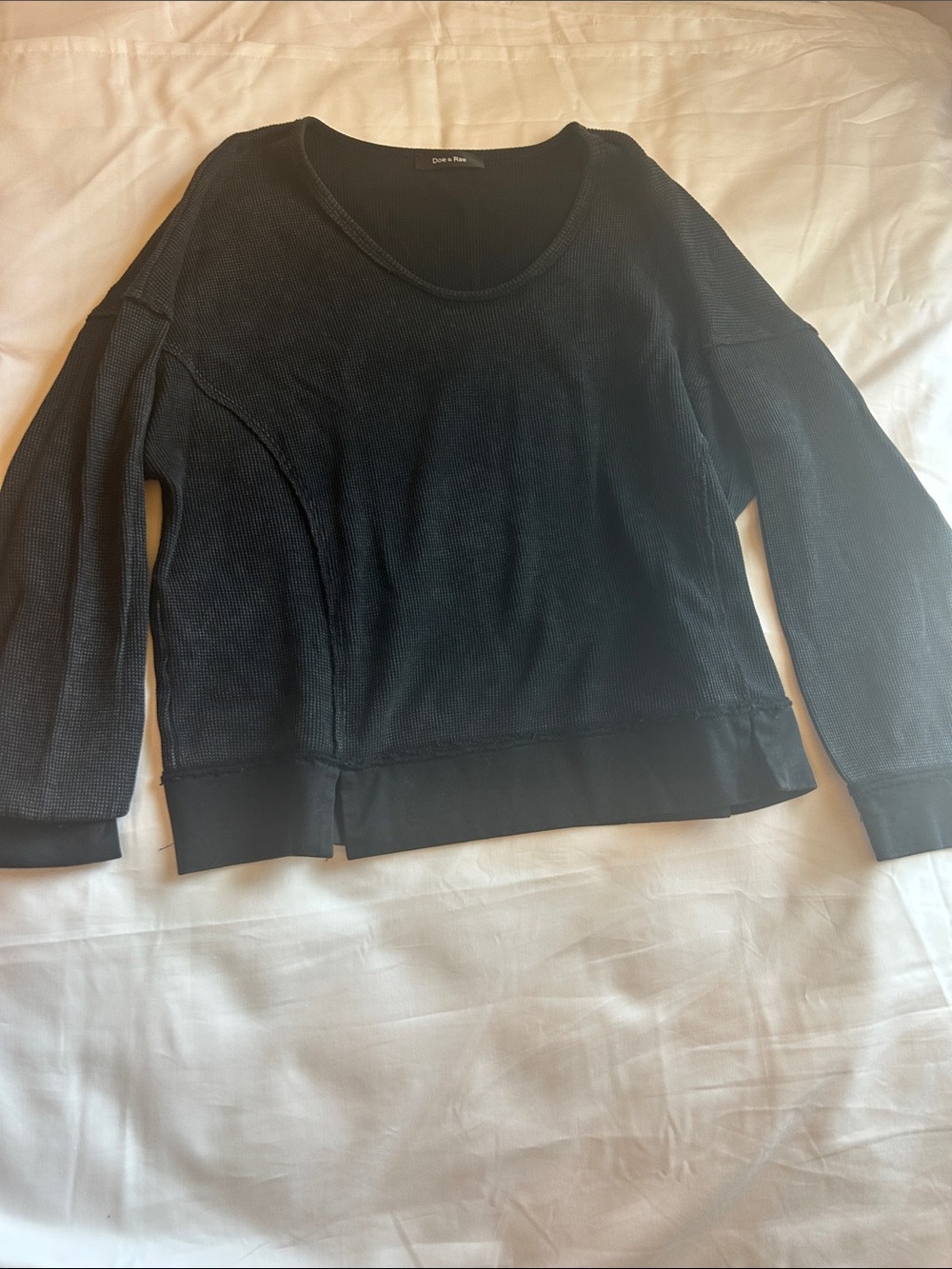 Doe & Rae Black Scoop Neck Waffle-Knit Pullover